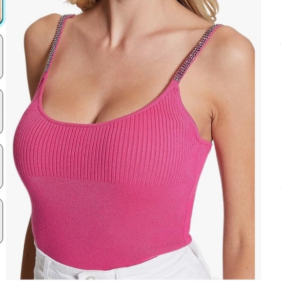 Guess Rhinestone Thong Bodysuit With Rhinestone Straps Rose Fuchsia Pink S NWT - Picture 3 of 13